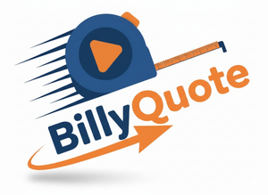 Logo with a play button inside a blue circle, “Quotes By Billy” text, AI Video Quotes for Trades.