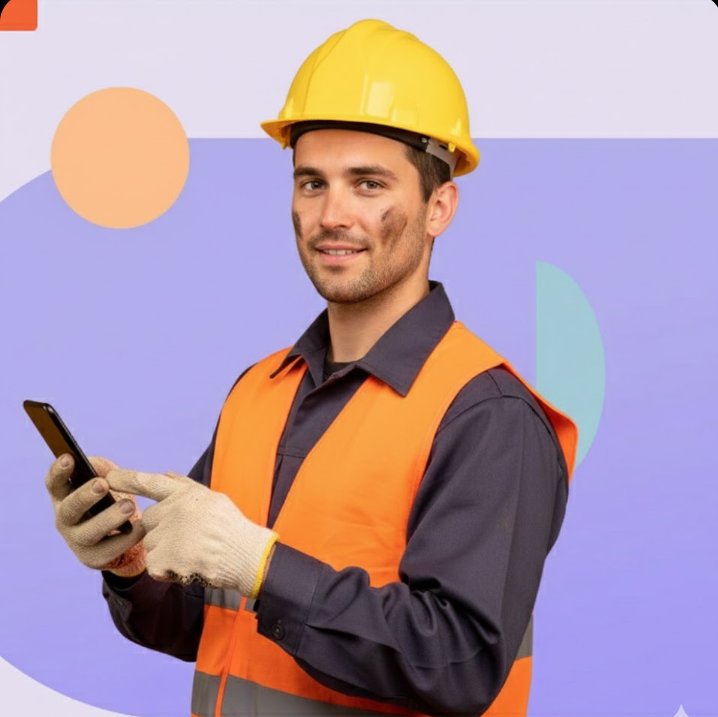Construction worker in hard hat and vest using a phone, smiling.