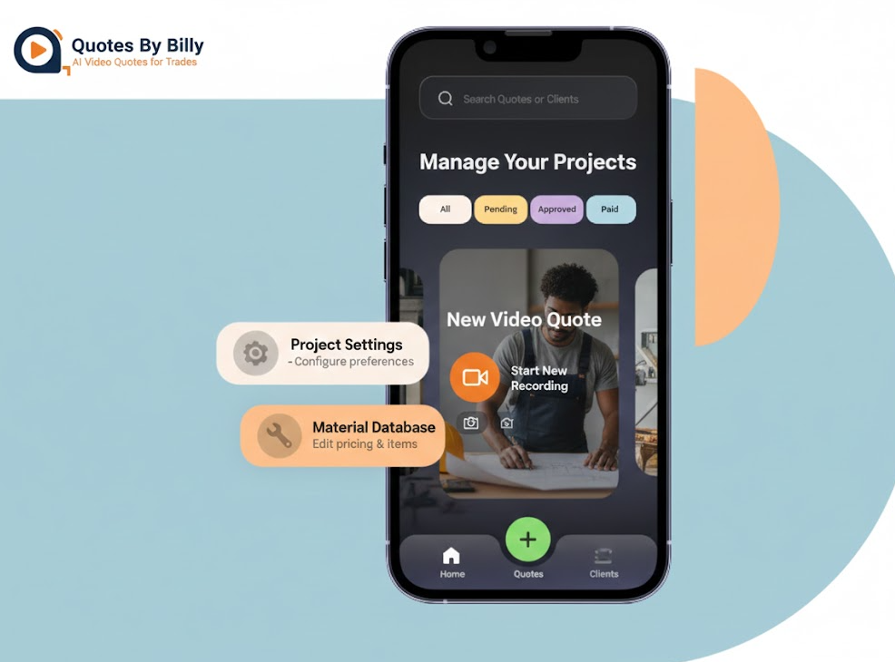 Mobile app interface displaying project management features. Includes project settings, material database, and video quote creation.