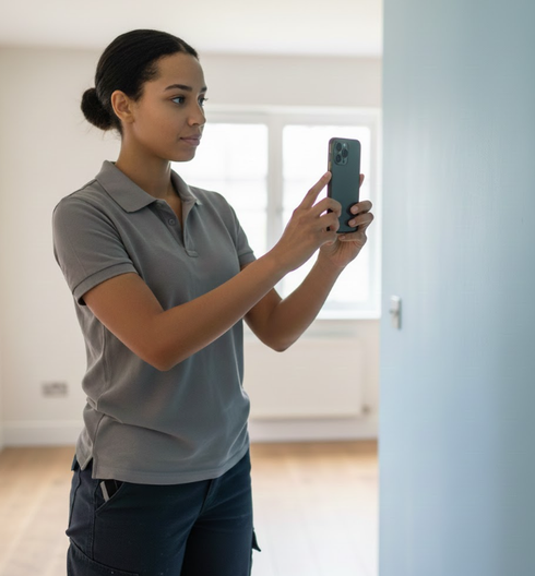 Woman in gray polo shirt photographing a room with a smartphone.