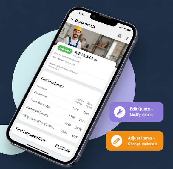 A smartphone displays a construction quote, with an edit option.