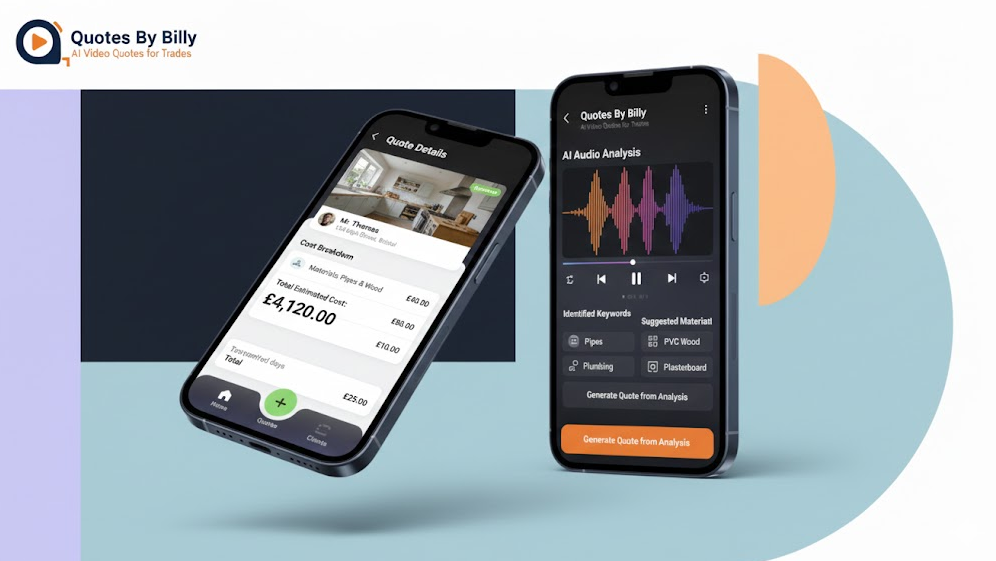 Two smartphones displaying app interfaces. One shows a rental listing, the other, a voice recording with audio waves.