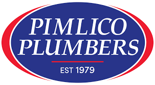 Logo for Pimlico Plumbers: Blue oval with red border, white text "PIMLICO PLUMBERS" over "EST 1979".
