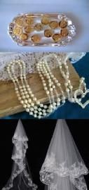 Assorted beaded necklaces and white lace veils on a blue background, shown in a collage.