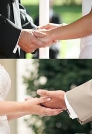 Two couples shaking hands in formal attire, with blurred greenery in the background.