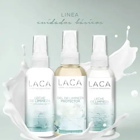 Tres frascos de productos para el cuidado de la piel de LACA (leche limpiadora y gel limpiador protector)