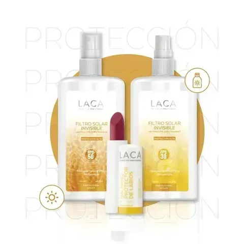 Dos frascos de protector solar LACA (SPF 50 y 30) y un bálsamo labial,