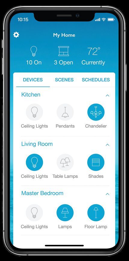 A smartphone home automation app dashboard showing device status for the Kitchen, Living Room, and Master Bedroom.