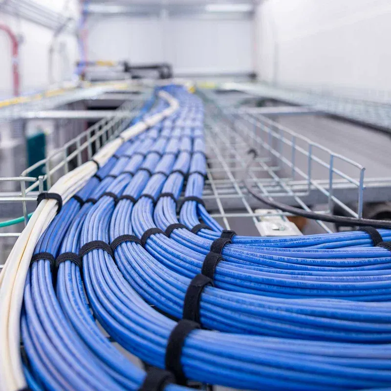 Many blue ethernet cables bundled together with black ties, organized along a metal wire tray in an industrial setting.