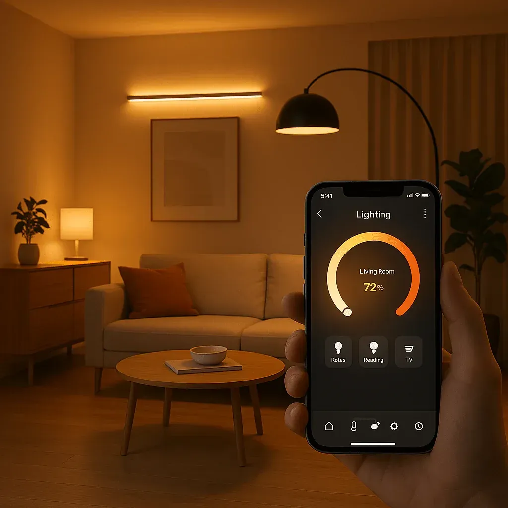 A hand holds a smartphone displaying a smart home lighting app, with a warm, ambient living room lit by lamps in the back.
