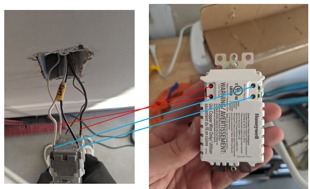 A two-part photo showing electrical wiring in a wall box and the back of a Honeywell smart switch being connected.