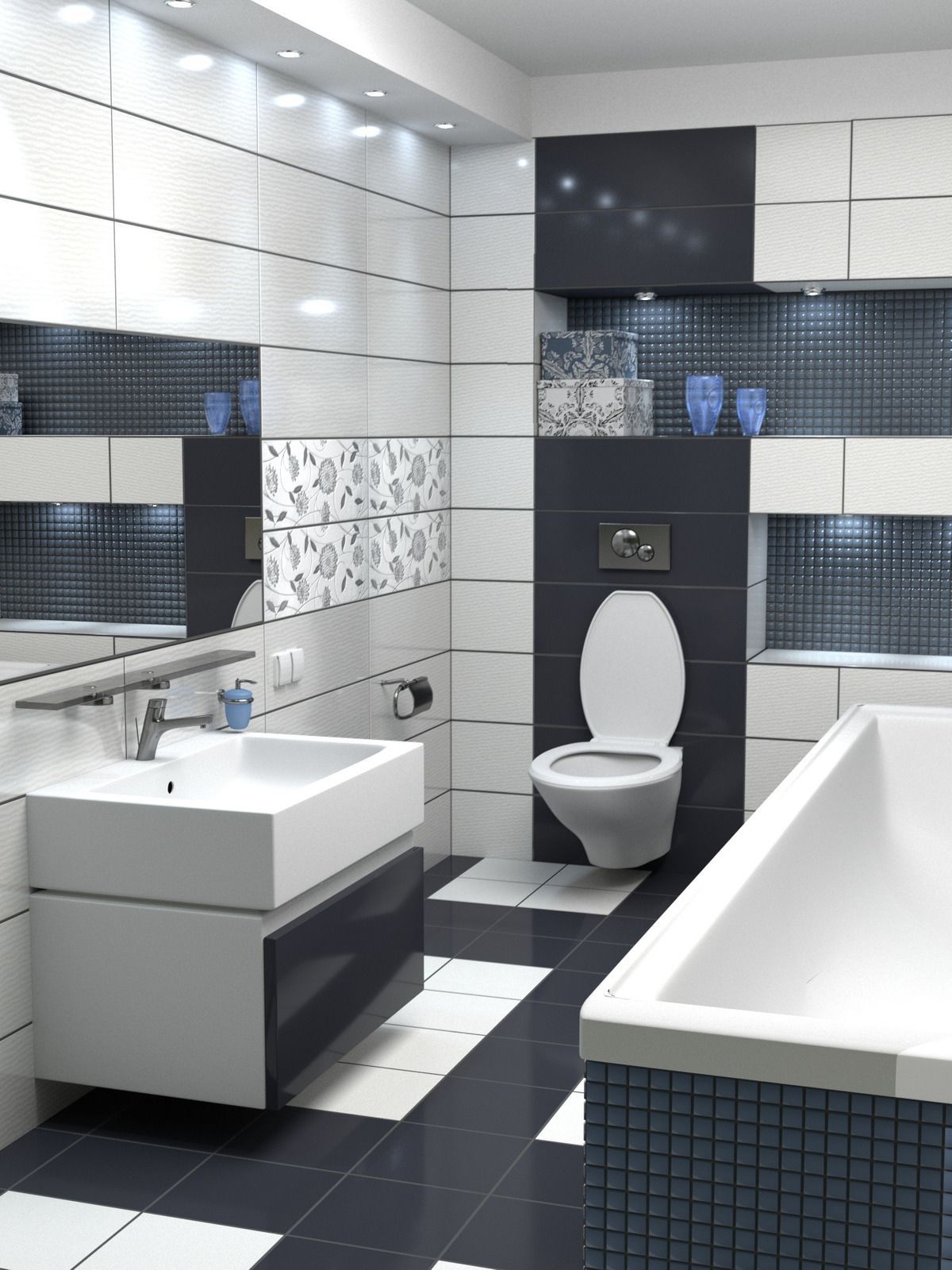 Modern bathroom with white and black tile, sink, toilet, and bathtub.