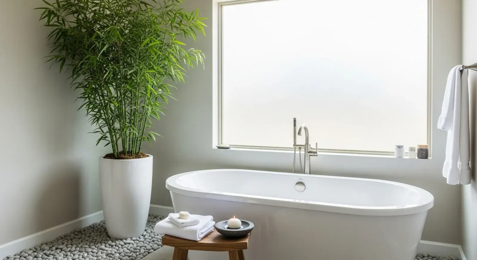 A modern bathroom with a white bathtub, frosted window, and bamboo plant.
