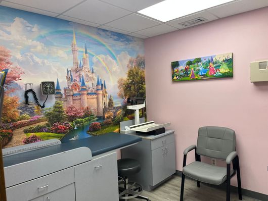 A doctor 's office with a painting of a castle on the wall.