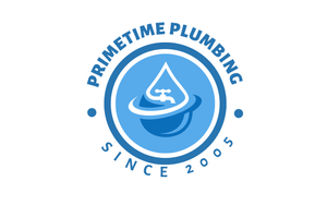 The logo for primetime plumbing is a blue circle with a drop of water in it.