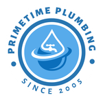 A blue and white logo for primetime plumbing since 2005