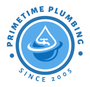 A blue and white logo for primetime plumbing since 2005