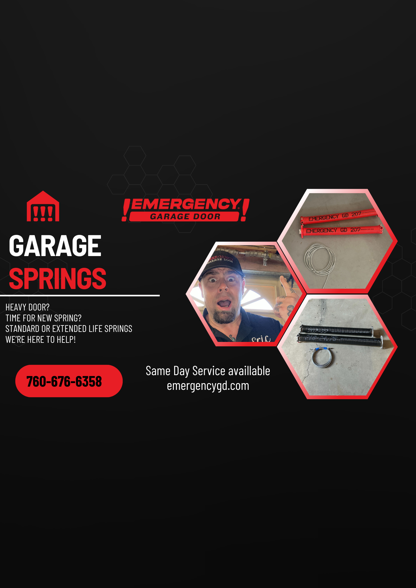 A man is talking on a cell phone in a garage springs advertisement.