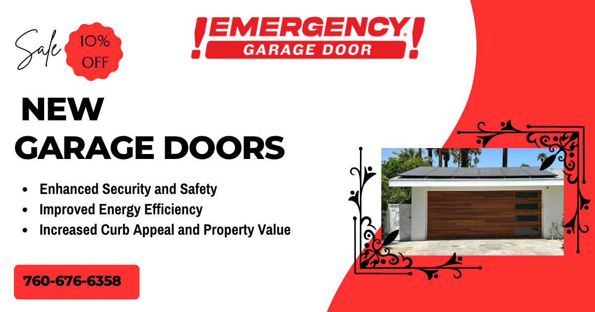 A red and white advertisement for new garage doors