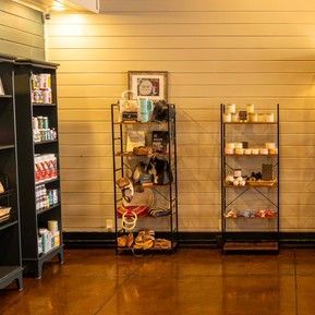 A room with a lot of shelves and a wooden wall.