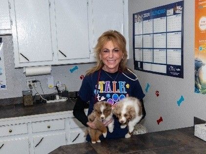 A woman in a blue shirt that says talk to me is holding two puppies