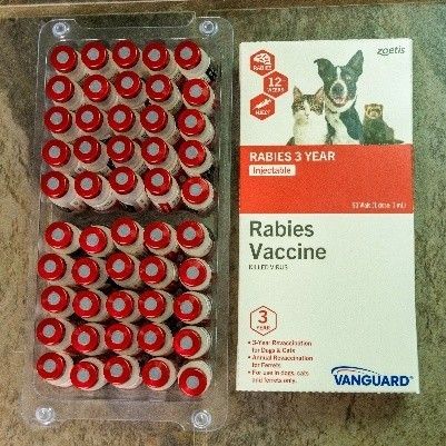 A box of rabies vaccine for dogs and cats