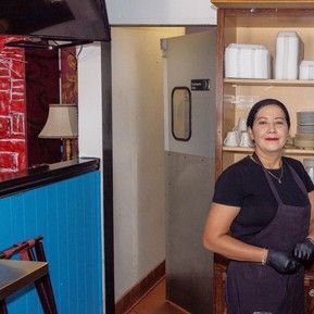 A woman is standing in a kitchen wearing an apron and gloves.