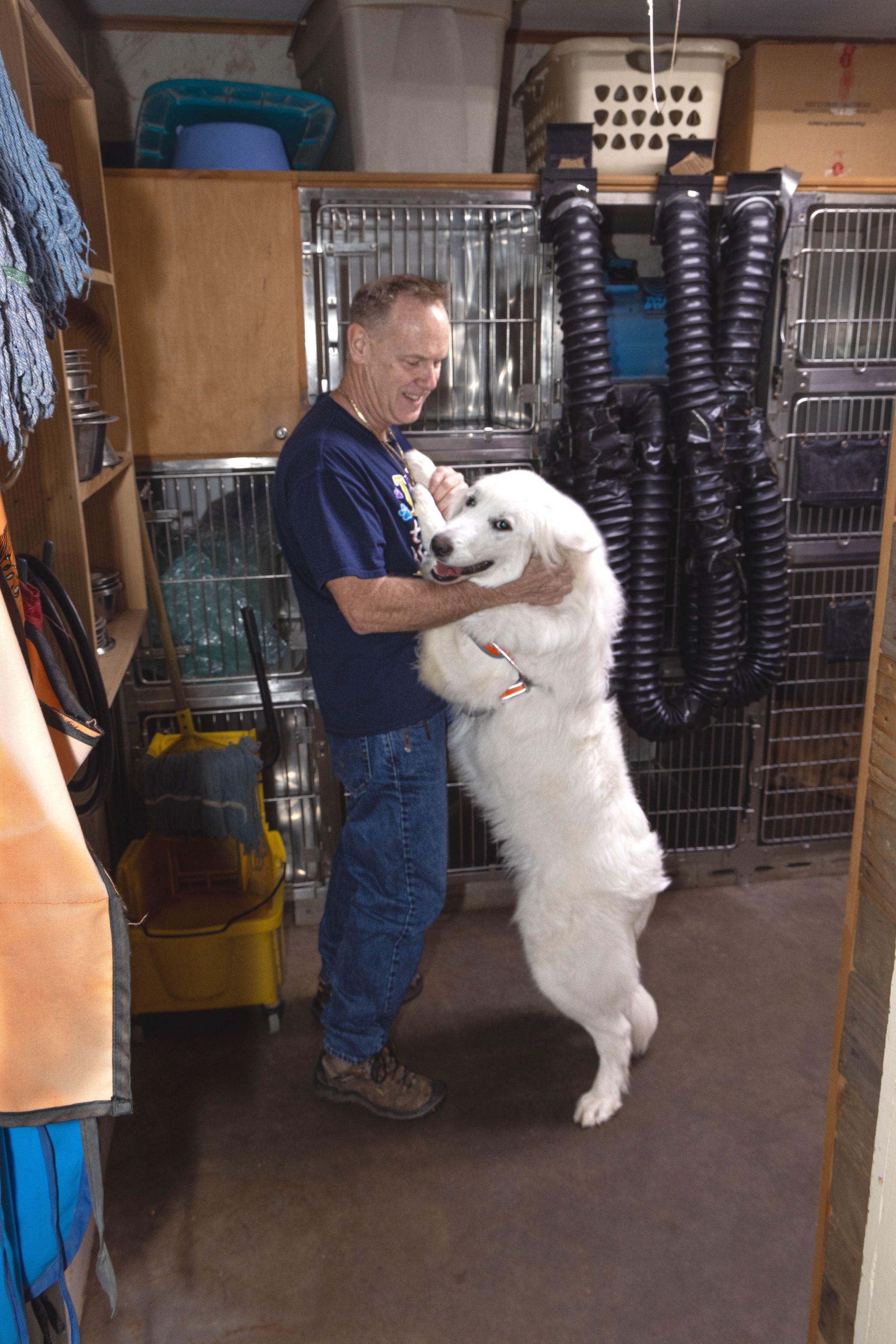 A man is holding a large white dog in his arms in a room.