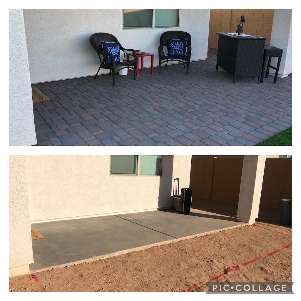 A before and after picture of a patio with chairs and a table