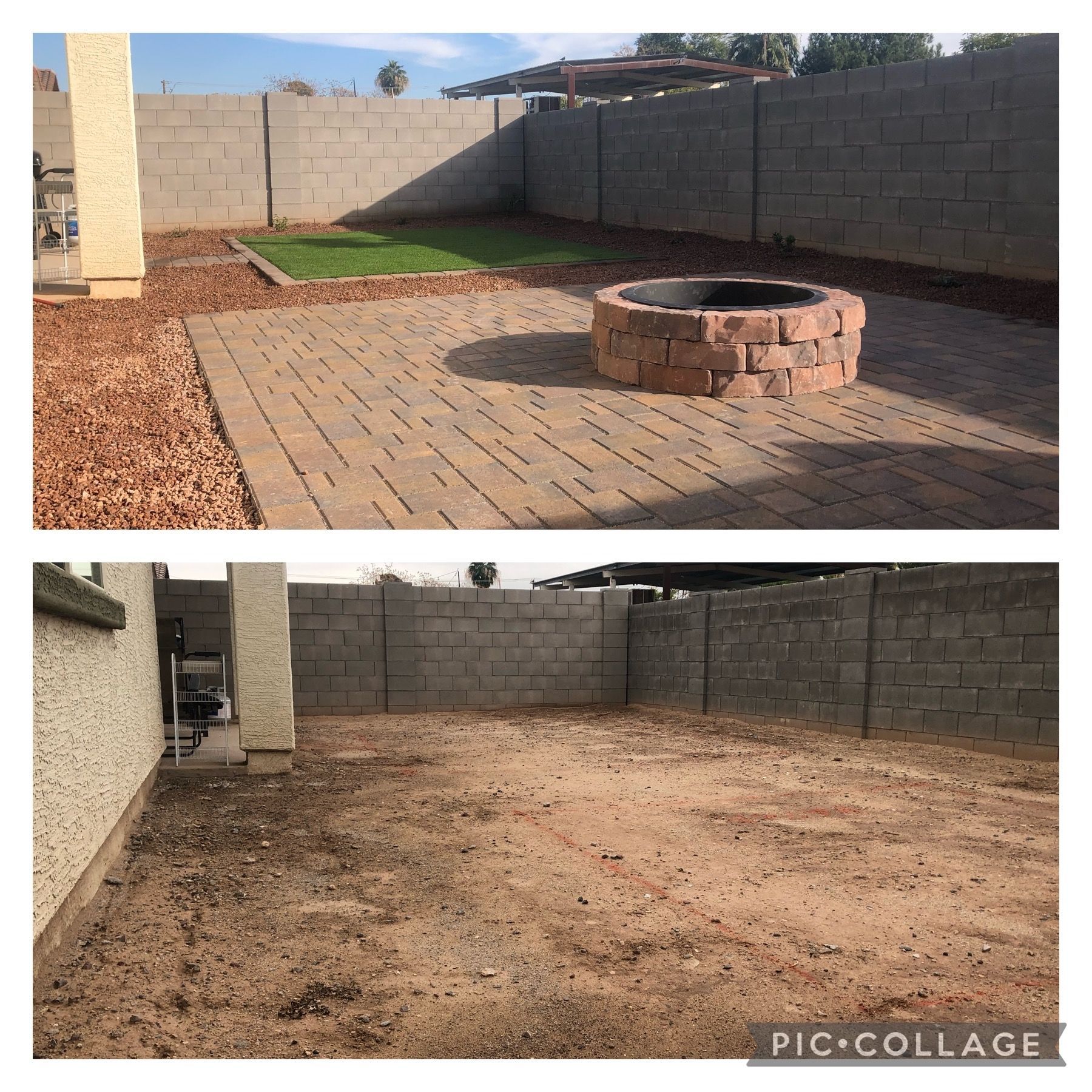 A before and after picture of a backyard with a fire pit