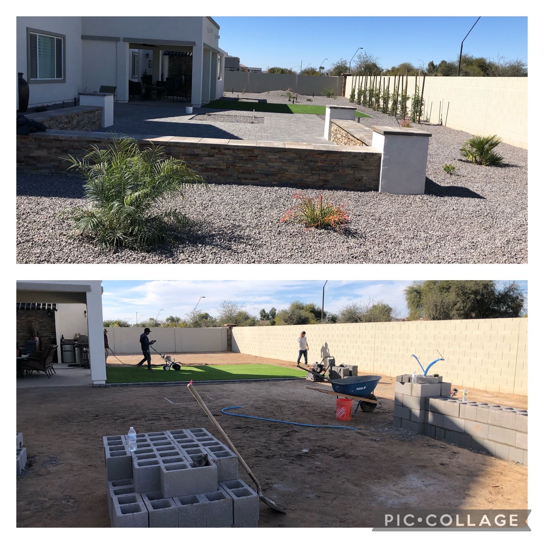 A before and after picture of a backyard being built