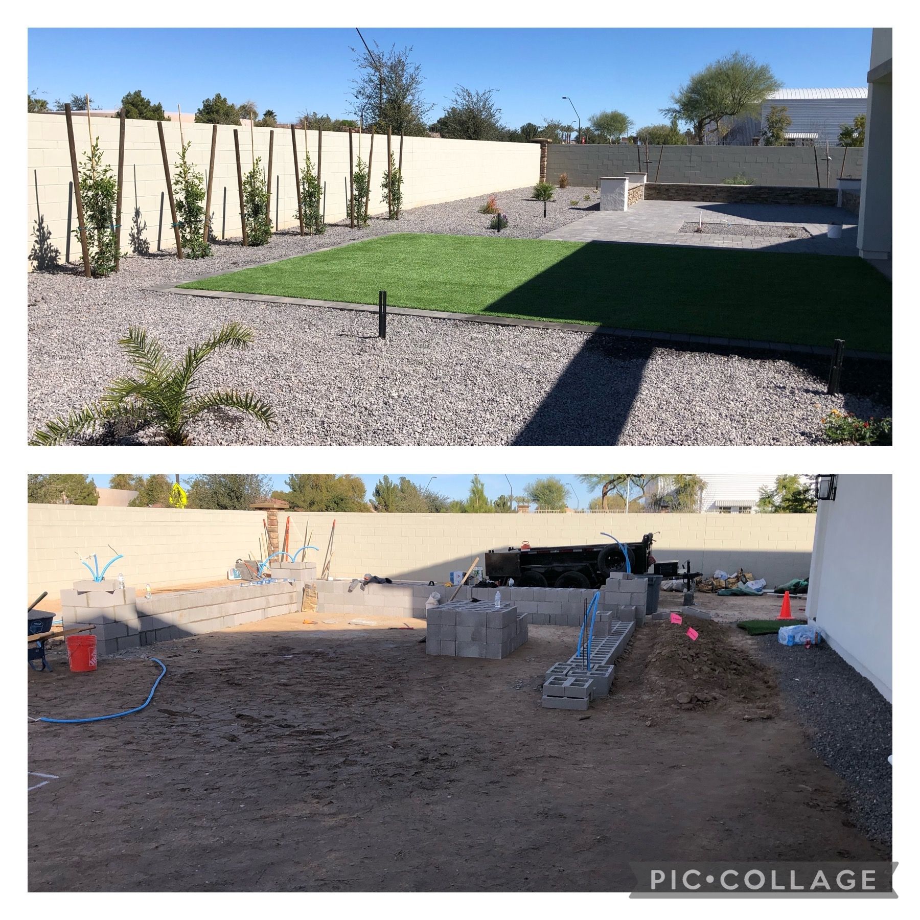 A before and after picture of a backyard