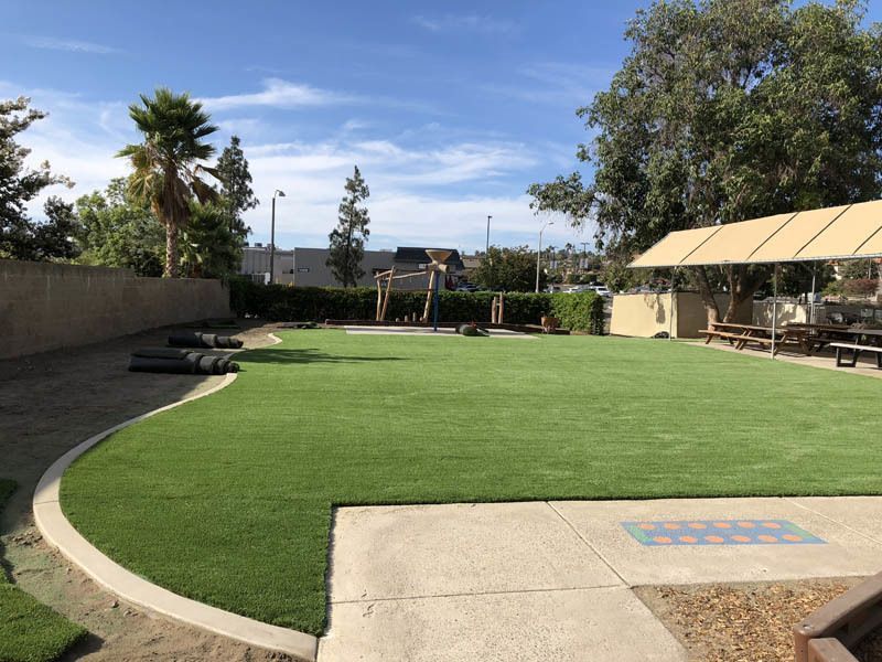 A large yard with a lot of grass and a concrete walkway