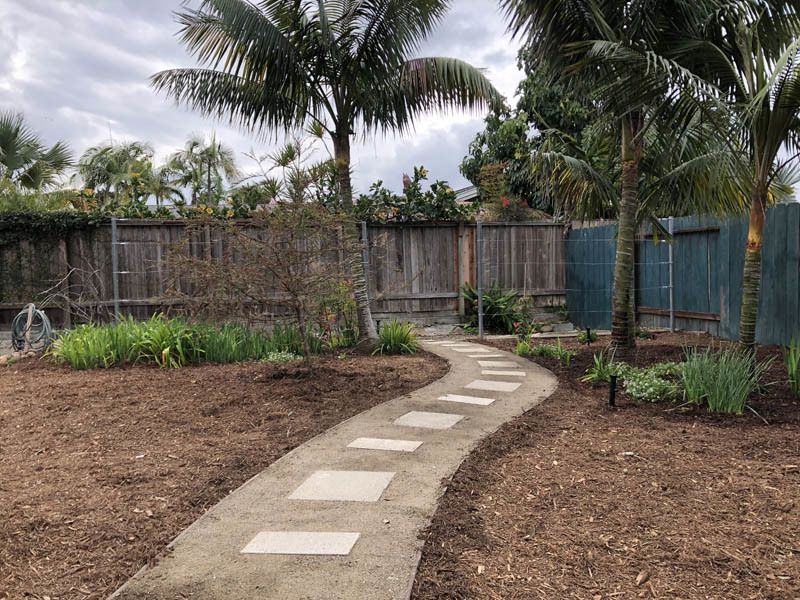 A concrete walkway in a garden with palm trees and a fence