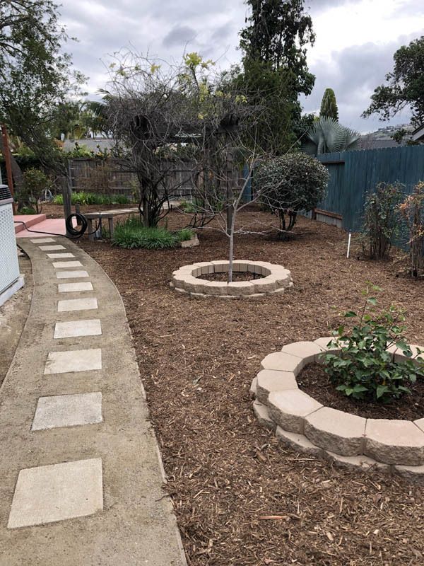 A walkway leading to a garden with a tree in the middle