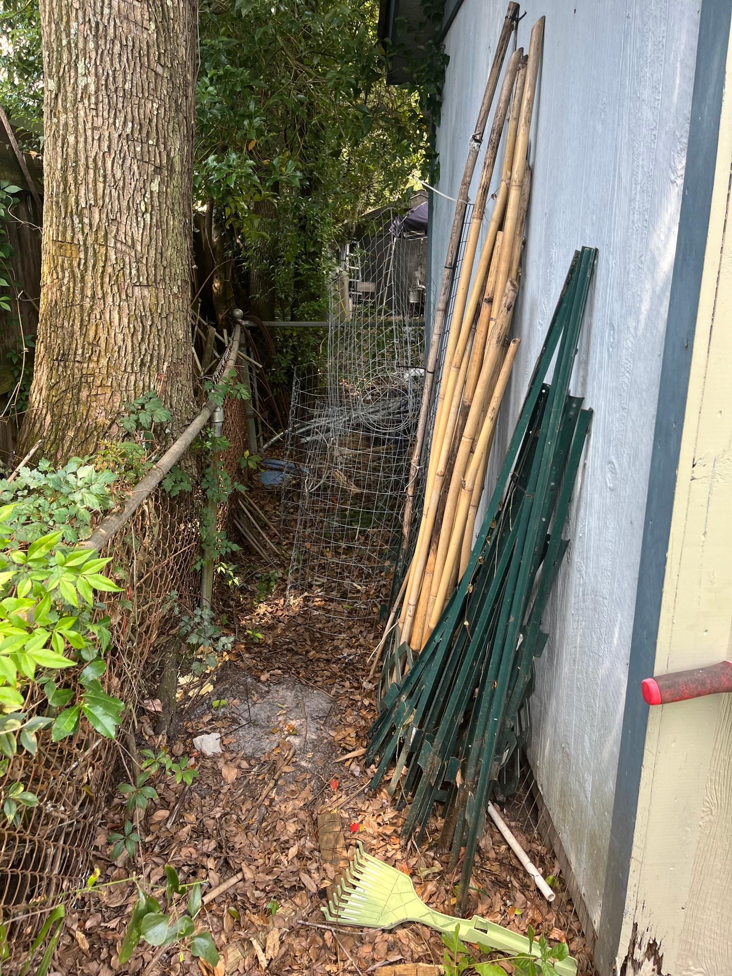 A cluttered backyard scene with poles, leaves, a fence, and a wall.
