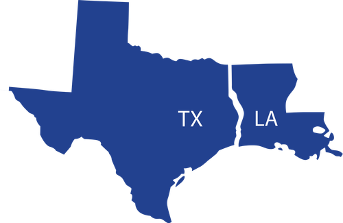 A blue map of texas divided into two states , tx and la.