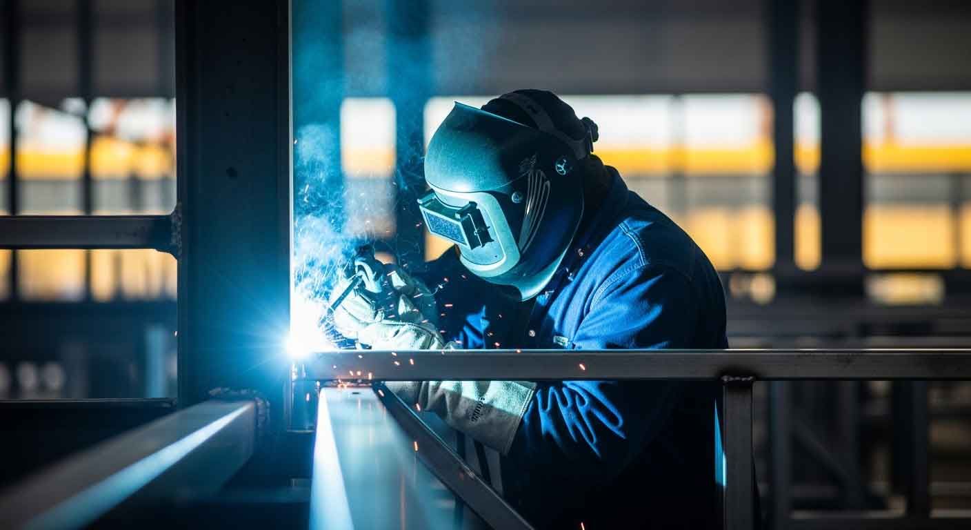 Welder performing on-site structural weld repair on commercial steel frame at Houston facility.