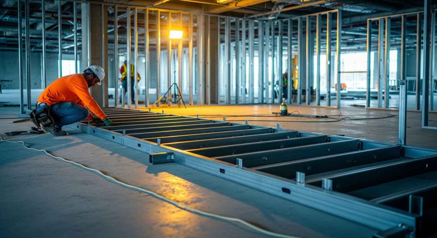 Steel stair fabrication underway at a Houston commercial tenant build-out project, showing stringer 