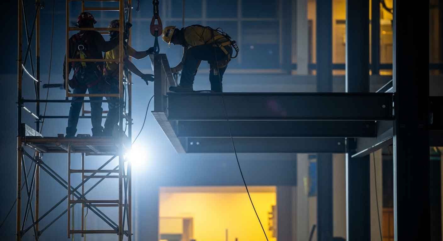 Structural steel beam installation underway at a Houston commercial tenant build-out project site