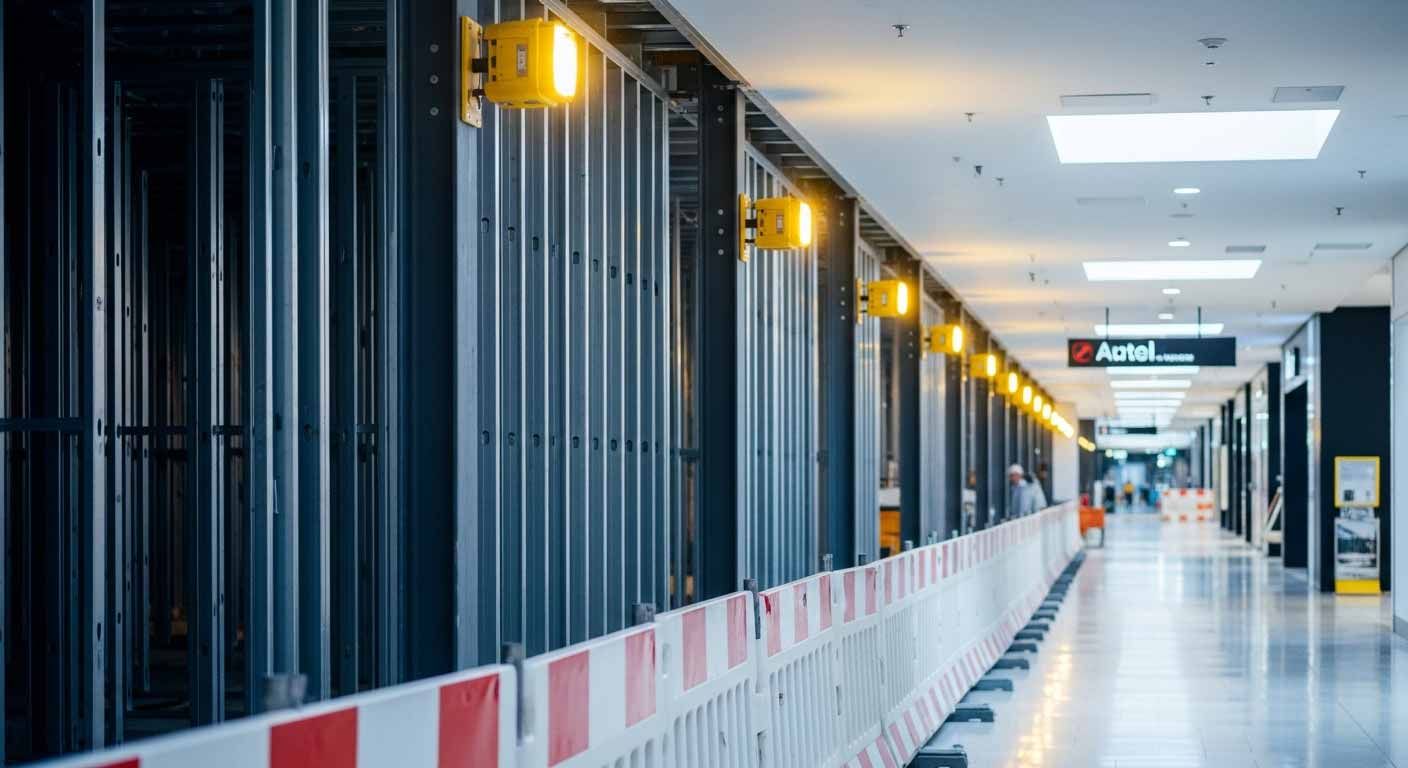 Steel fabricators erecting structural framing inside an active mall tenant space.