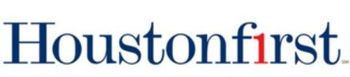 The logo for houston first is blue and red on a white background.