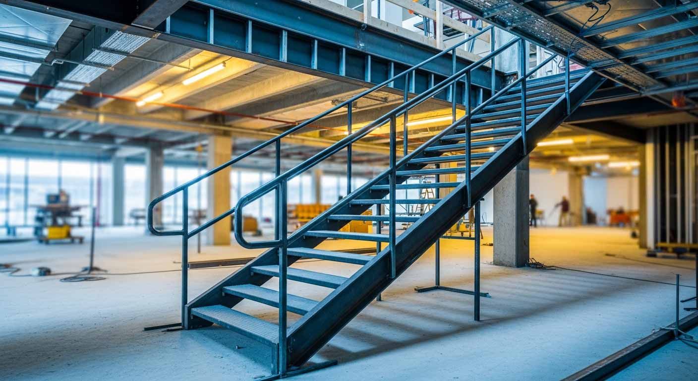 Steel stair fabrication and guardrail installation during a commercial tenant build-out in Houston