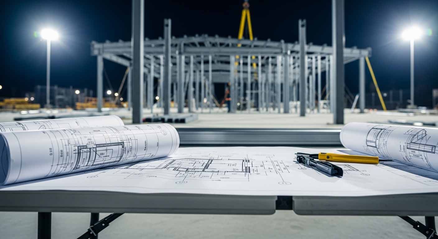 Structural steel shop drawings spread on a construction site table with steel framing visible