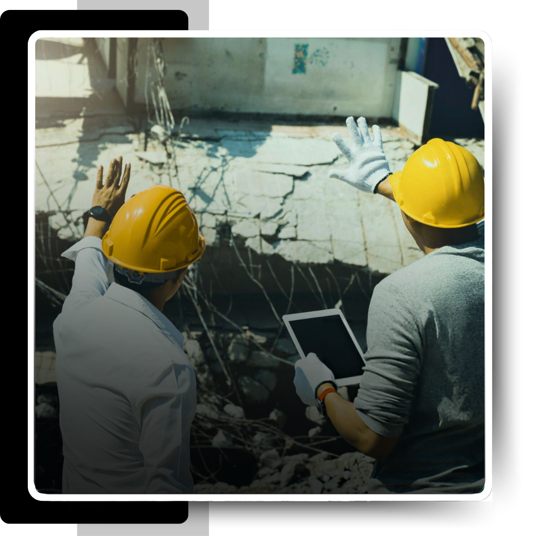 Two men discussing in front a demolished house