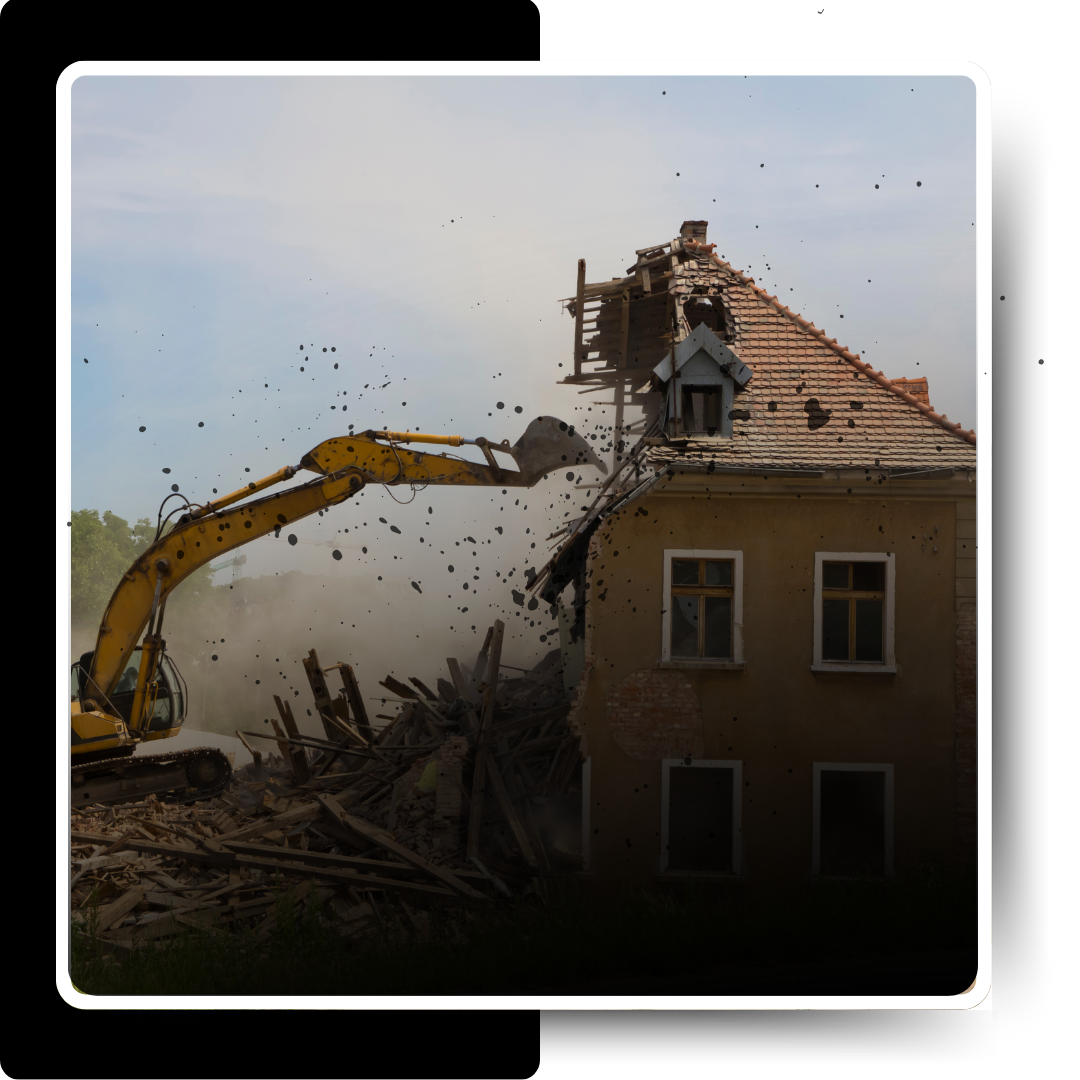 Excavator crashing house