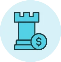 Blue castle icon with dollar sign.