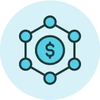 Dollar coin at center of connected nodes within a blue circle.