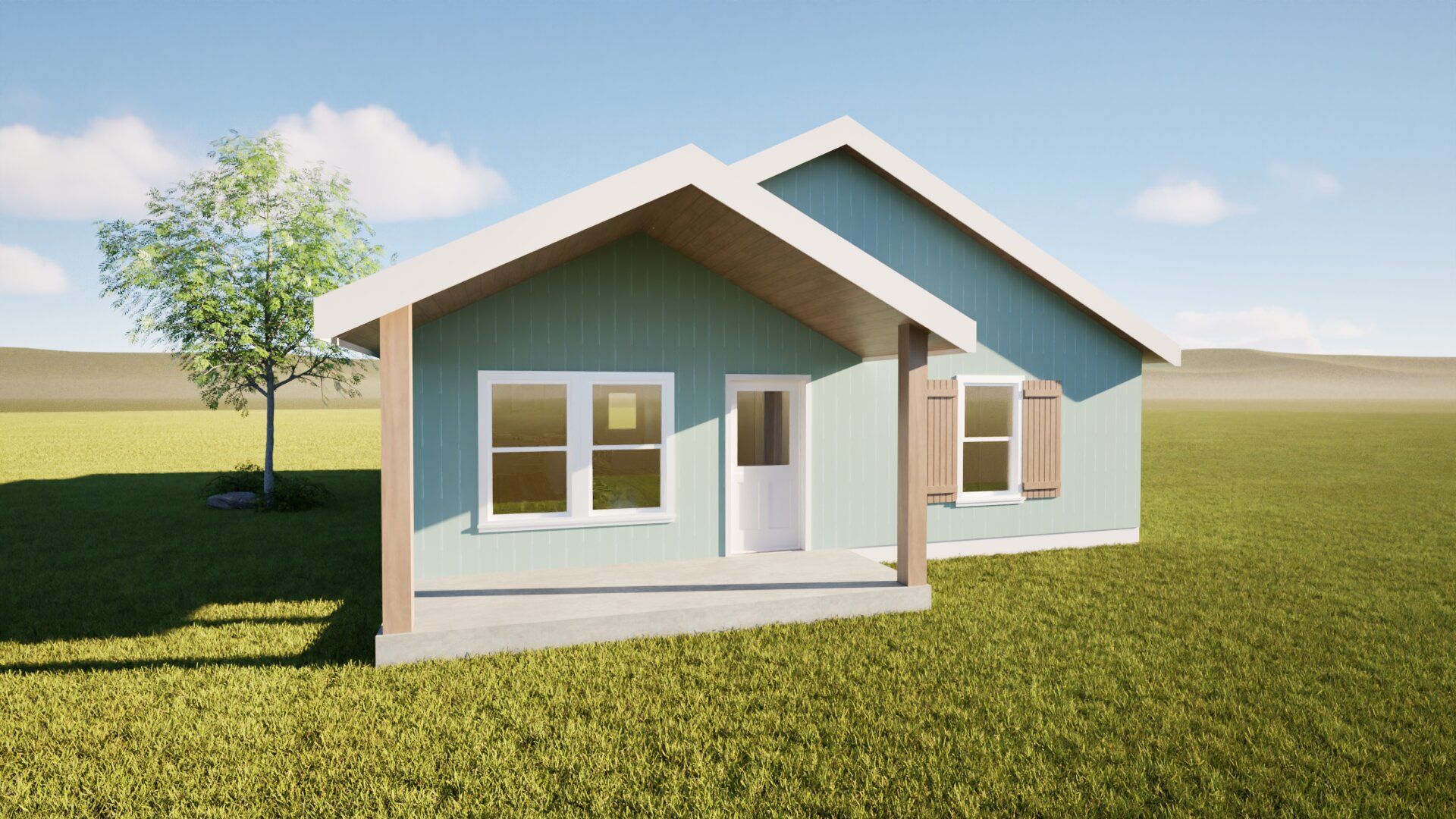 Small teal house with white trim, front porch, and a tree in a grassy field on a sunny day.