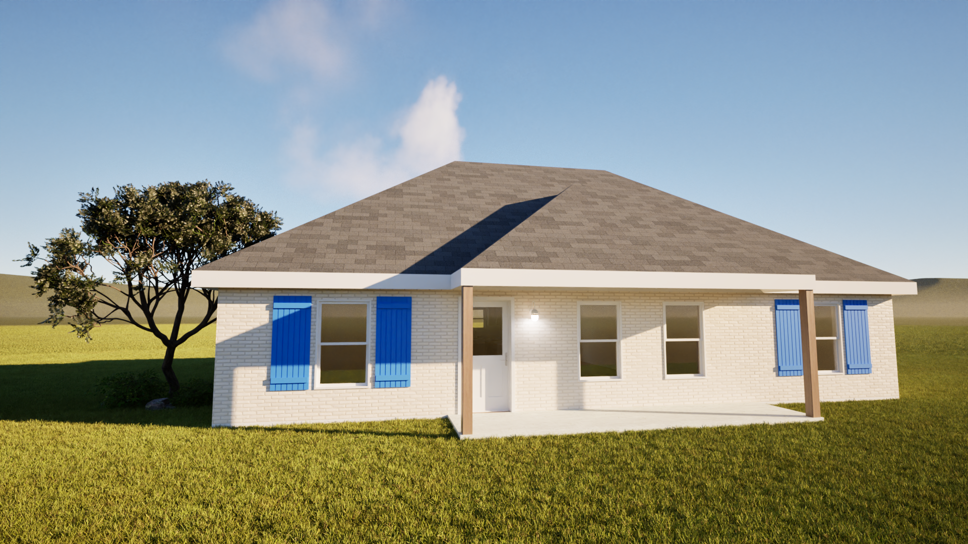 White brick house with blue shutters, brown beams, and grey roof under blue sky.